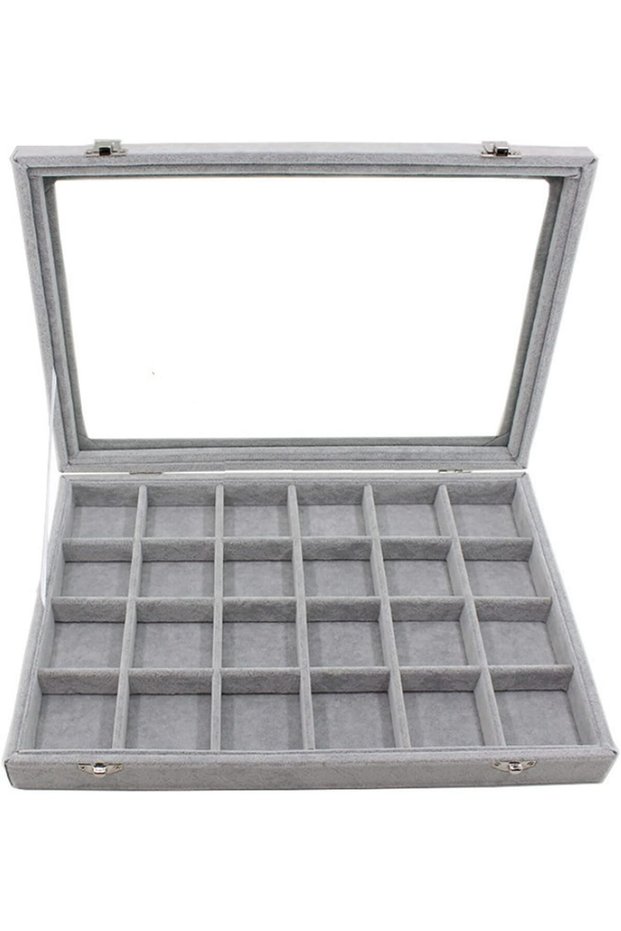 24-Grids Velvet Jewelry Box with Glass Lid, 35 x 24 x 5 cm