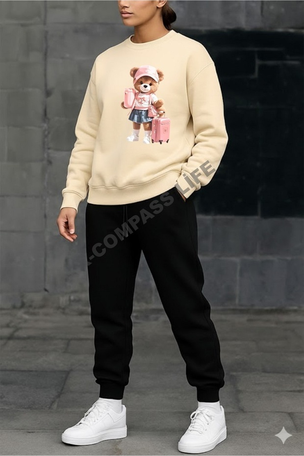 Women/Girls Loose Fitting Zero-Necklace Sweatshirt Set with Bag Bear Printed