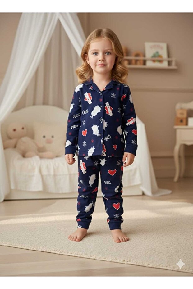 Children's Unisex Penguin Detailed Pajama Set - 100% Cotton
