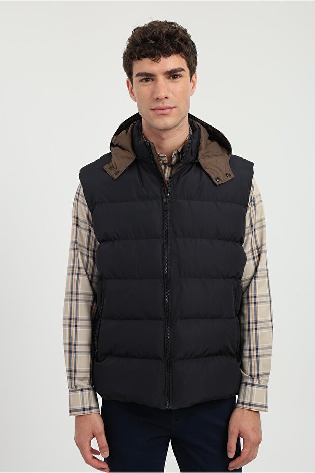 Men's Slim Fit Hooded Navy Blue Vest Coat