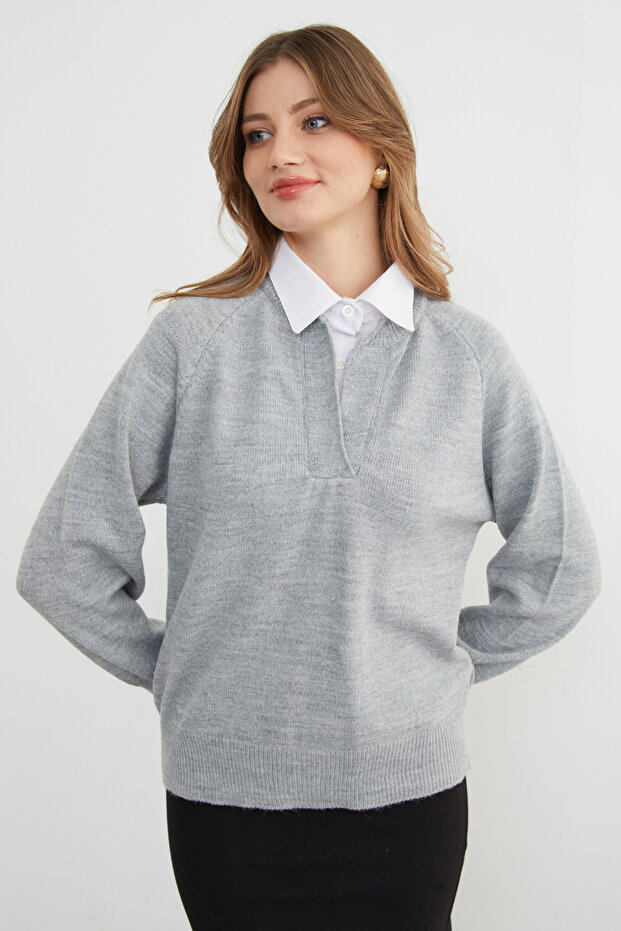 Basic Gömlek Yaka Triko Kazak - 3