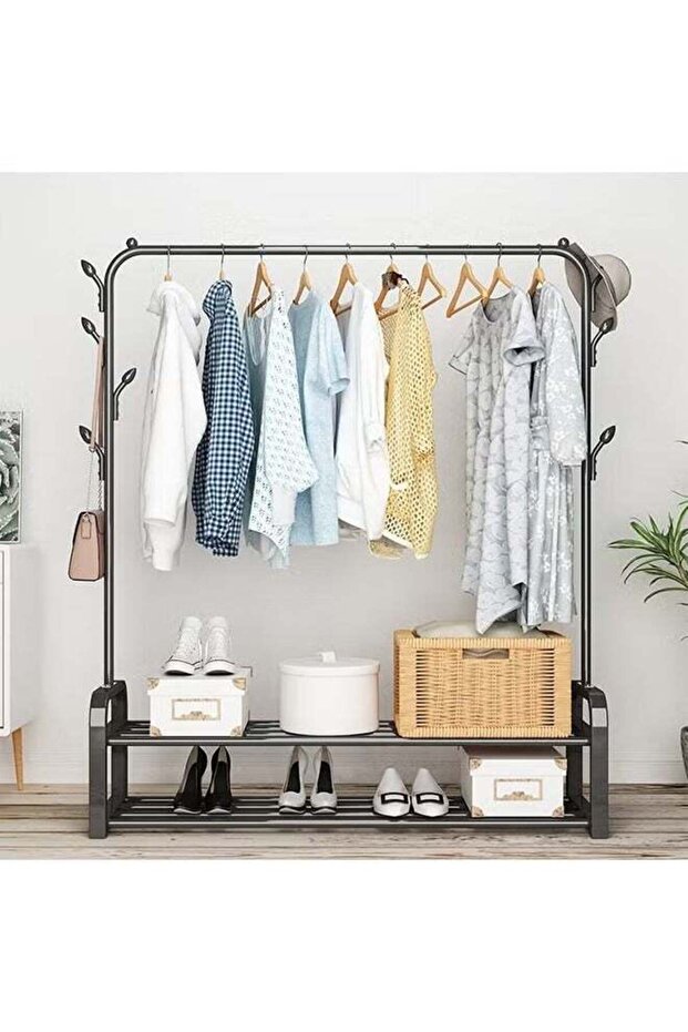 Simple Single Pole Drying Rack, Bottom Shelf, With Hooks On The Sides, Can Hang Clothes And Bags, Si