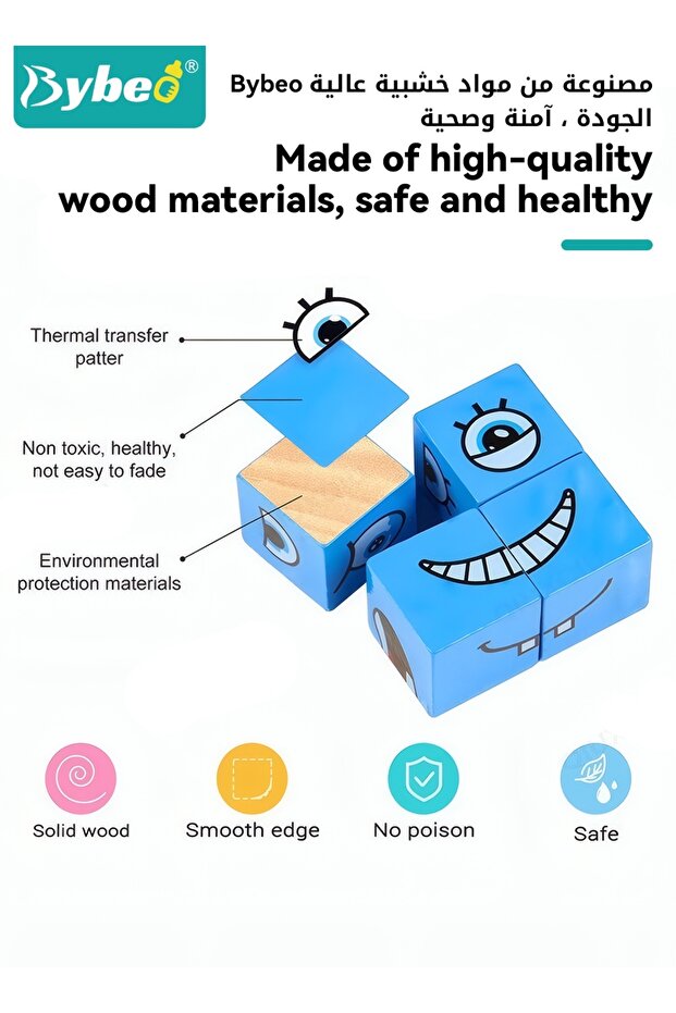 Expression Blocks Set with Clap Bell and 64 Cards, Face Changing Wooden Expression Matching Cubes Ga - 4