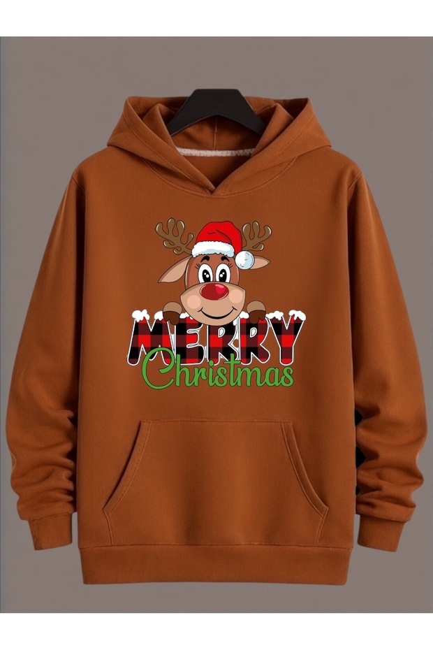 سويت شيرت بأكمام طويلة للجنسين من MERRY CHRISTMAS GEYİK B مطبوع مقاس كبير ذو ياقة دائرية