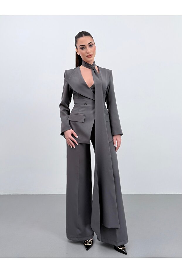 Halter Neck Premium Anthracite Double-Breasted Jacket Set - 3