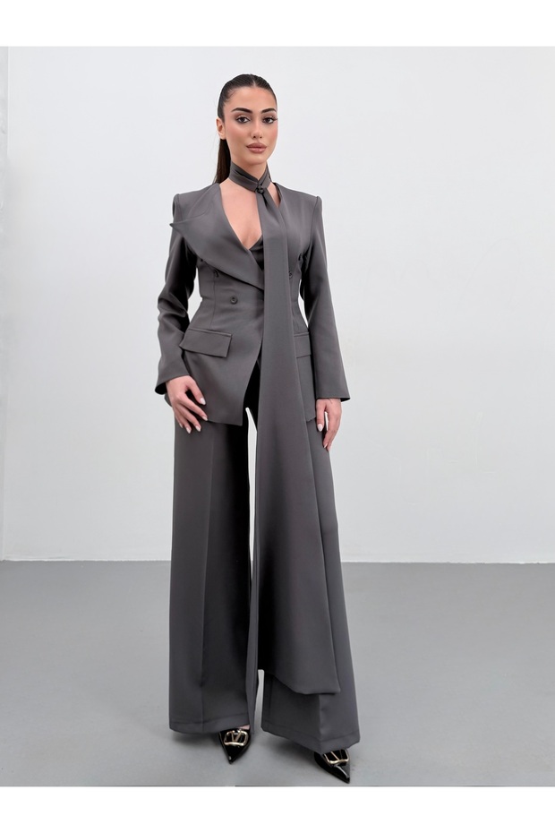 Halter Neck Premium Anthracite Double-Breasted Jacket Set - 1