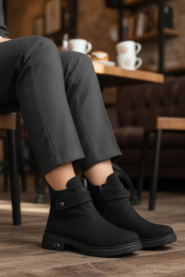Black Nubuck Fur Lined Zippered Women's Boots Pc-55336 Z