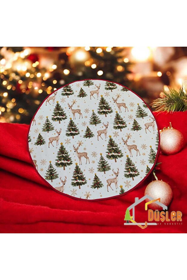 Cream Pine Tree and Deer Christmas Foot Rug, New Year's Pine Tree Skirt and Underlay Washable
