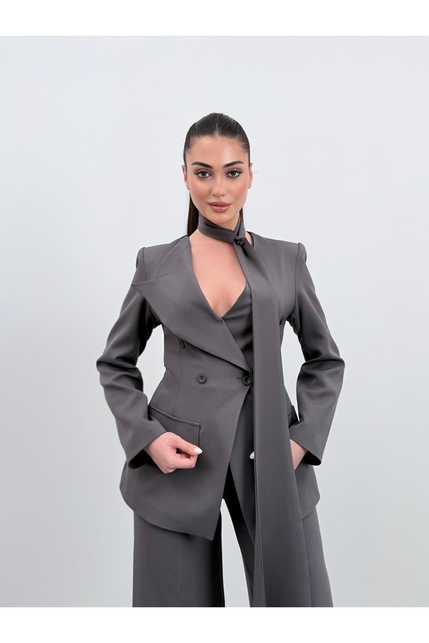 Halter Neck Premium Anthracite Double-Breasted Jacket Set - 2