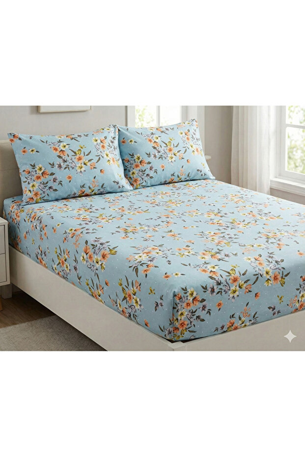 طقم ملاءات سرير مطاطية بنمط زهور مزدوجة - 1