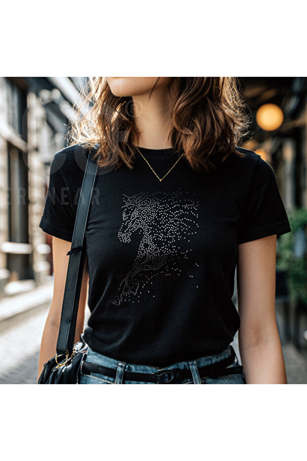 Horse Pattern Crystal Stone Printed Cotton Crew Neck T-Shirt Black
