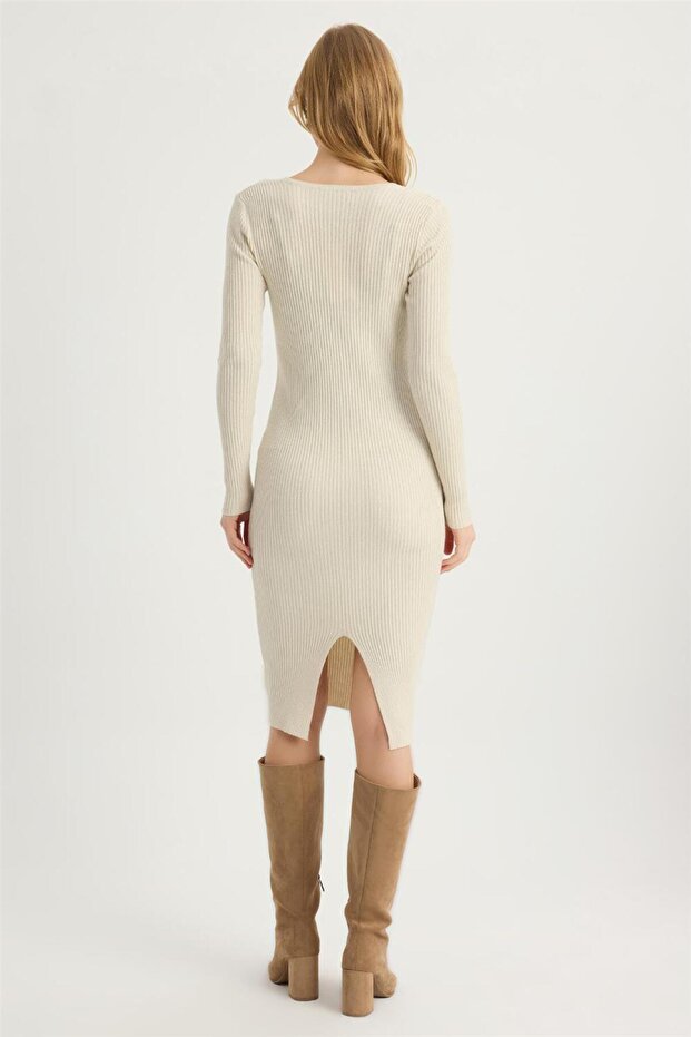 Triko Simli V Yaka Elbise - 5