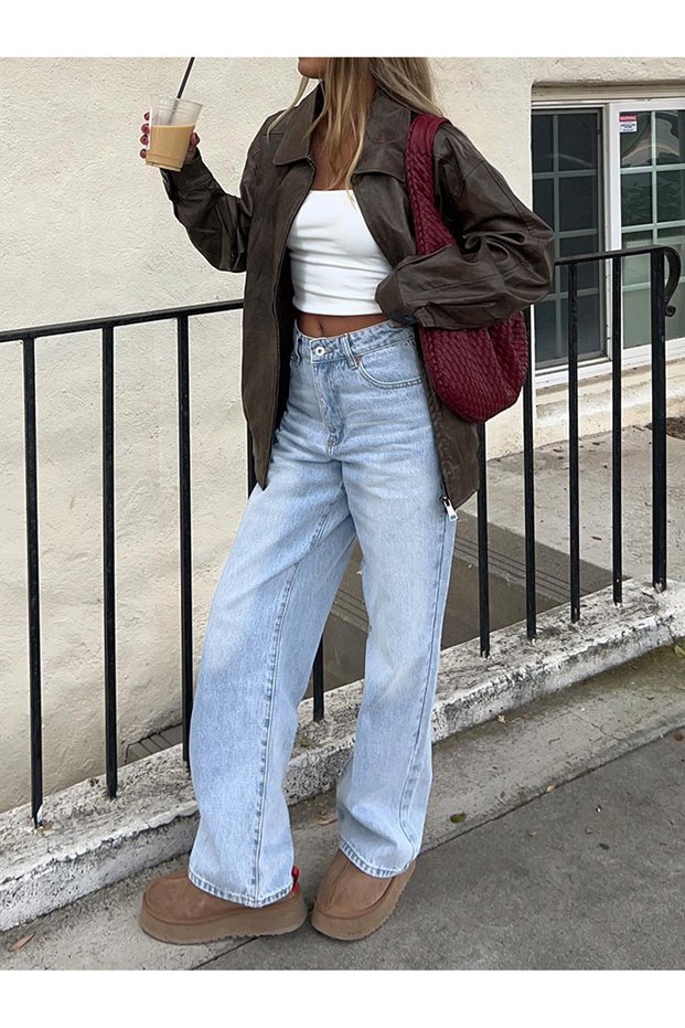 By-5843 Women's High Waist Wide-Leg Baggy Jean Relaxed Fit Street Style Seasonal Stone Denim Pants