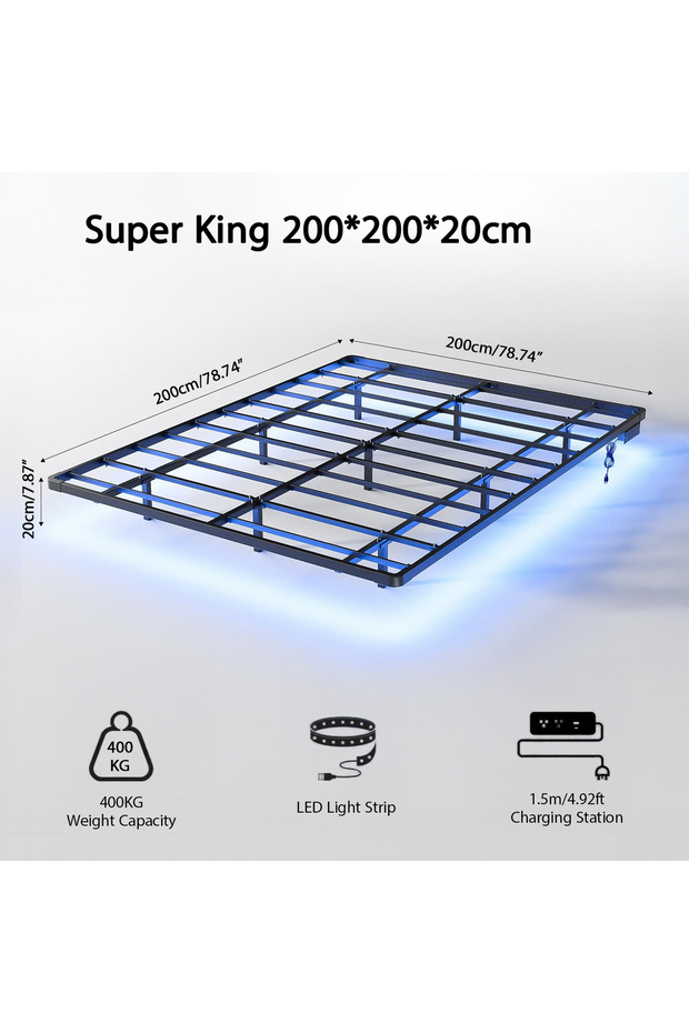 Smart Floating Bed with LED Lights & Charging Station, Metal Platform (200x200cm), No Box Spring