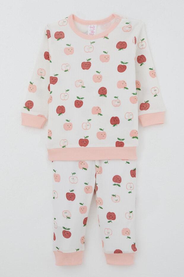 Baby Girl Pajama Set with Shoulder Patches, Cute Little Apple Pattern, 4 Months-1 Year, Ecru