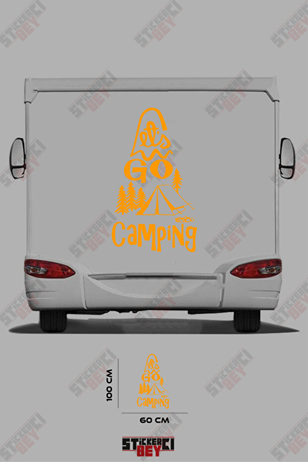 Caravan Sticker Covering with the Text'Go Camping' and an Image of a Tent and a Tree