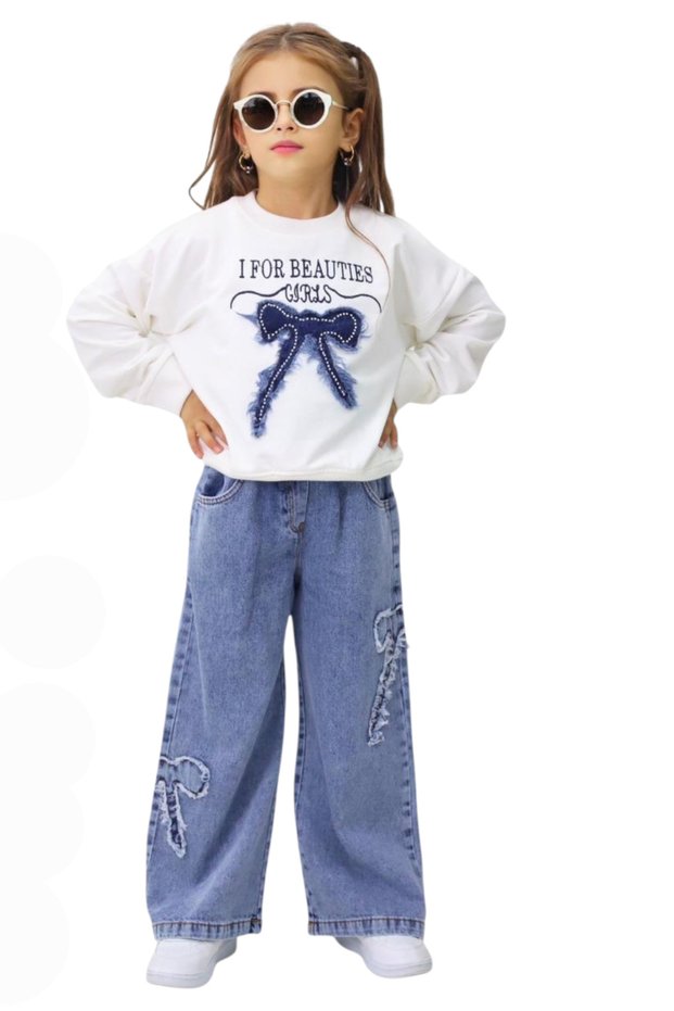Girls' Set Top and Bottom Set 2Ip Top Bottom Soft Jeans Waist Elastic Cotton Fabric