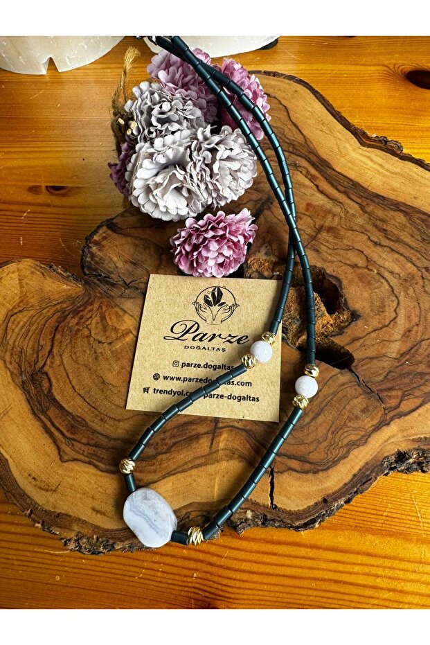 Hematite and Chalcedony Natural Stone Design Necklace