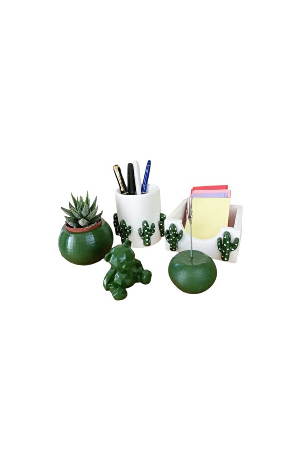 Desktop 3D Cactus Patterned Concrete Office Set; Pen Holder, Notepad Holder, Note Holder, Flower Pot, Succulent and Teddy Bear