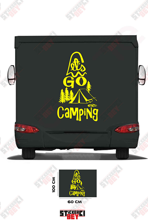 Caravan Sticker Covering with the Text'Go Camping' and an Image of a Tent and a Tree