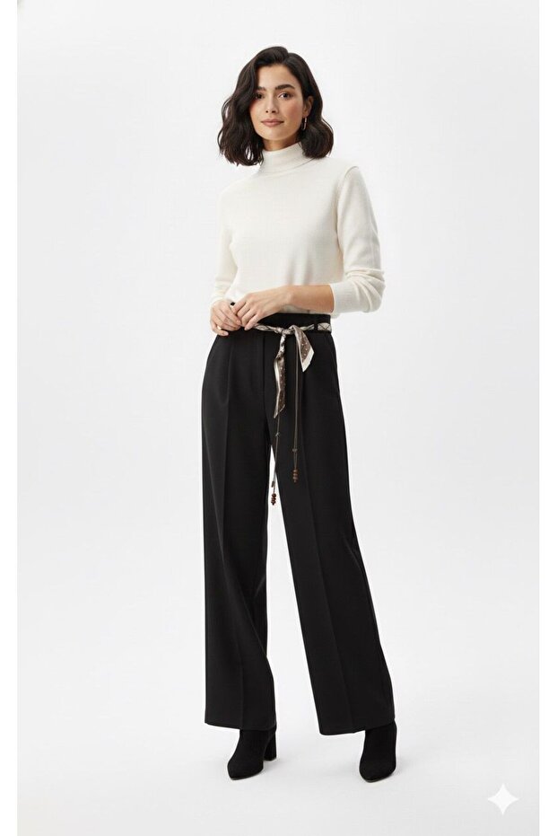High Waist Black Fabric with Scarf Palazzo Pants