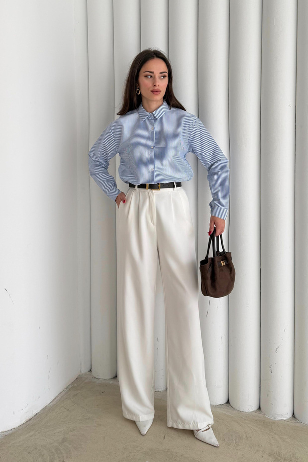 Kadın Mavi Çizgili Oversize Basic Gömlek - 6