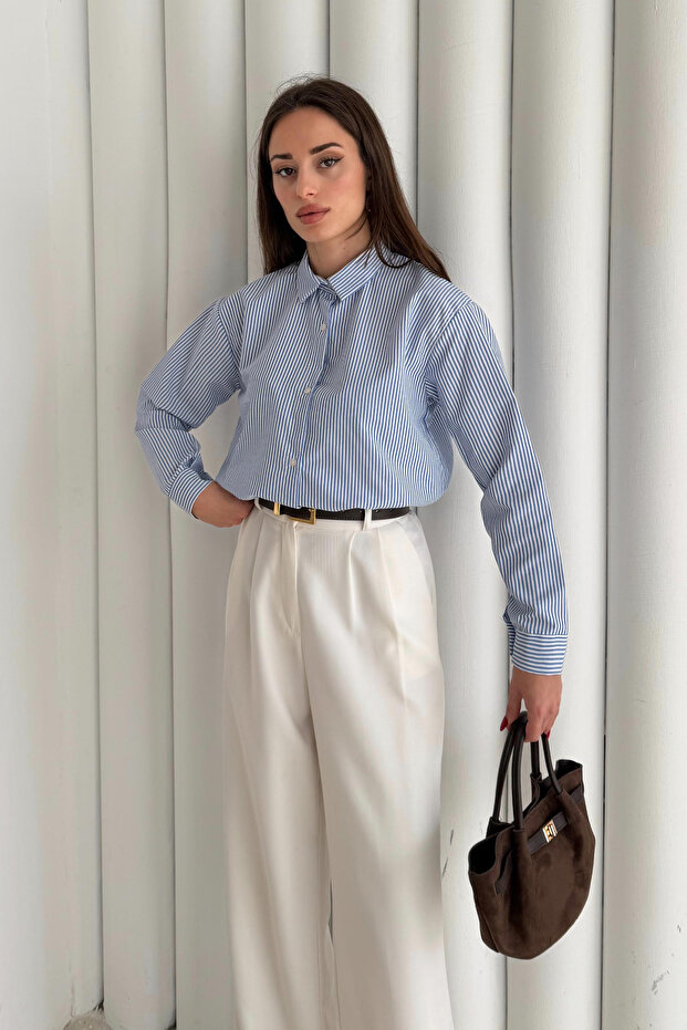 Kadın Mavi Çizgili Oversize Basic Gömlek - 3