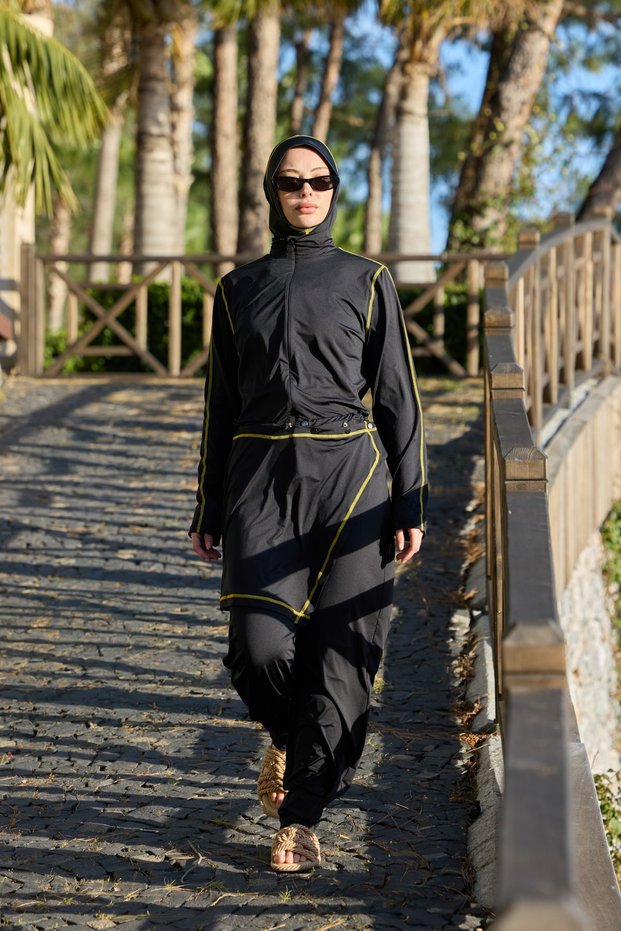 Asena Model Yellow Striped Allerli Lycra Design Hijab Jumpsuit Swimsuit