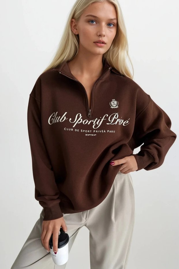 New Season Zipper Detailed Printed Women's Sweatshirt 52119005