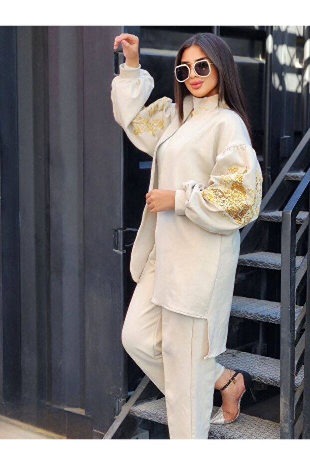 Winter Two-piece set: trousers, wide-leg jacket, embroidery, sequins, suede leather, chic