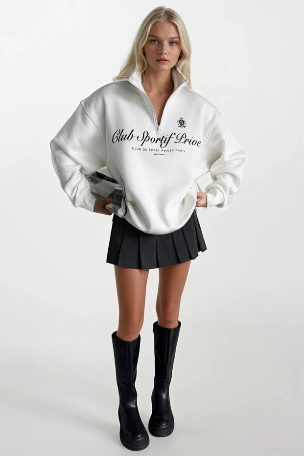 New Season Zipper Detailed Printed Women's Sweatshirt 52119005