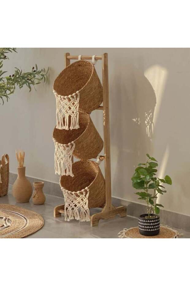 ستاند خشبي بسلال خوص Wooden Stand with Seagrass Baskets