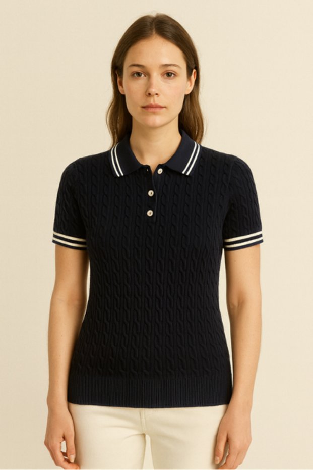 Women's Rtd-256 Kaspol Polo Neck Short Sleeve Knitwear Blouse Navy Blue