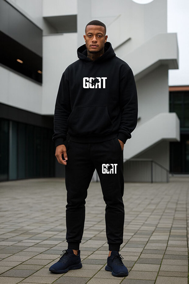 طقم قماش قطني ممشط أسود للجنسين من Goat مطبوع مكون من قطعتين