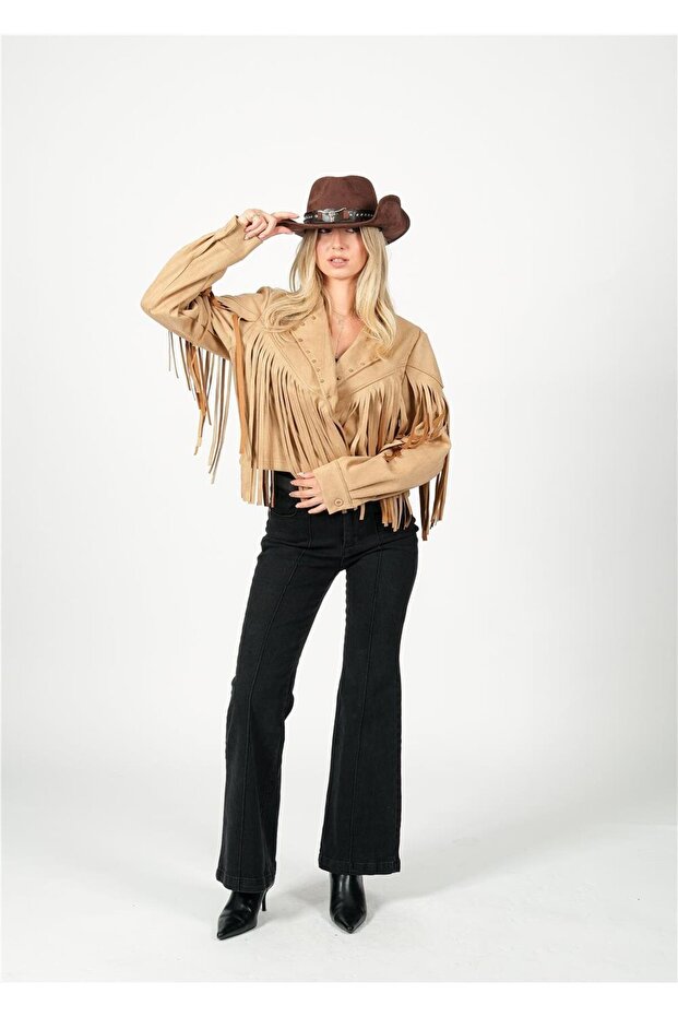 Camel Süet Püsküllü Ceket - 5