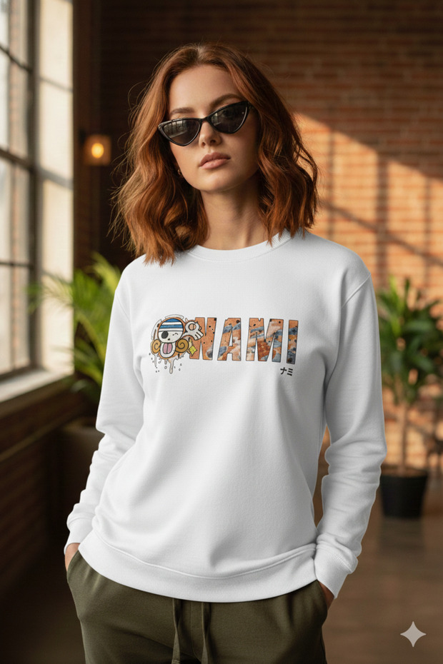 Unisex White Anime Nami Logo Printed Crew Neck Sweatshirt