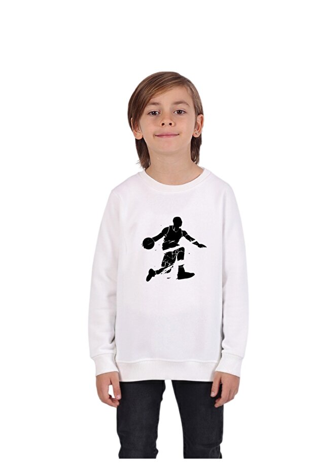 Boy's Sweatshirt Basketball Printed Crew Neck 3-Thread Fleece-Lined 5-10 Years Old Ecru