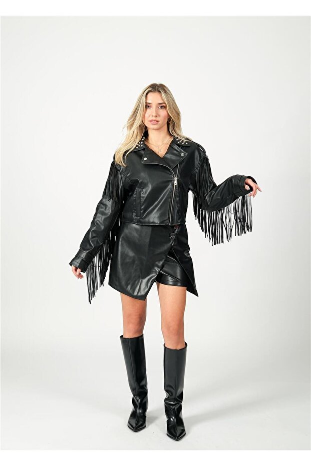 Siyah Deri Şort Etek - 6