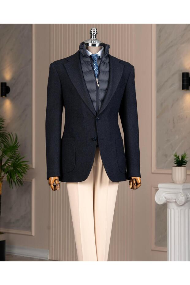 Italian Style S Slim Fit Quilted Turn-Down Collar Bag Pocket Jacket Navy Blue T15121