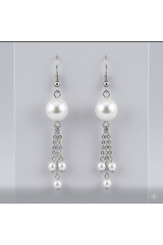 Silver Color Pearl Chain Women's Elegant Earrings