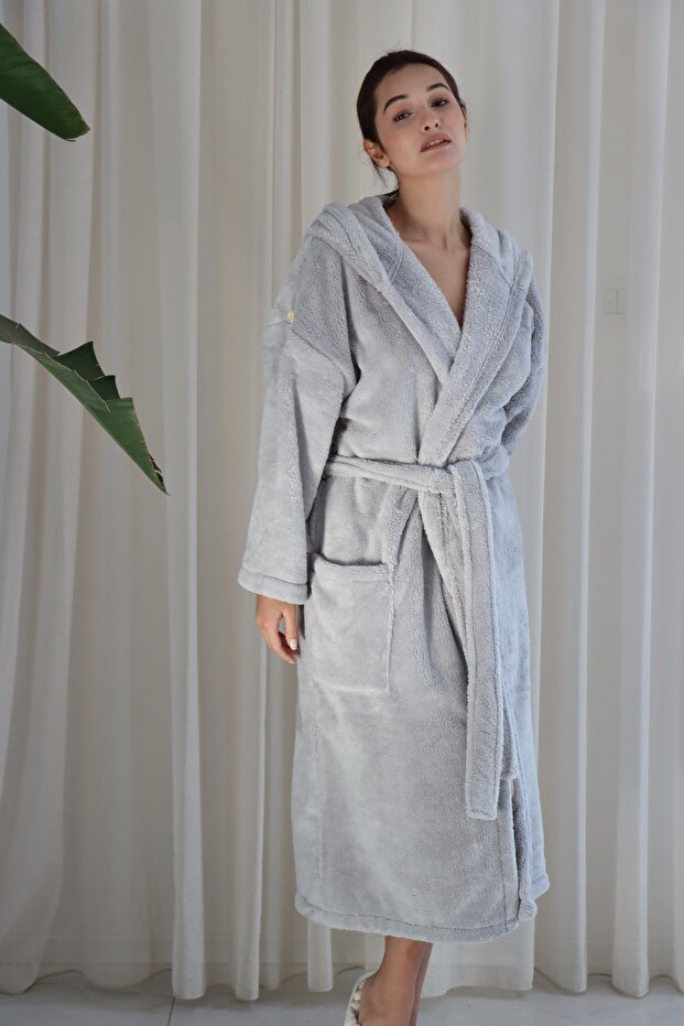 Wellsoft Plush Extra Soft Hooded Long Dressing Gown with Pocket Detail