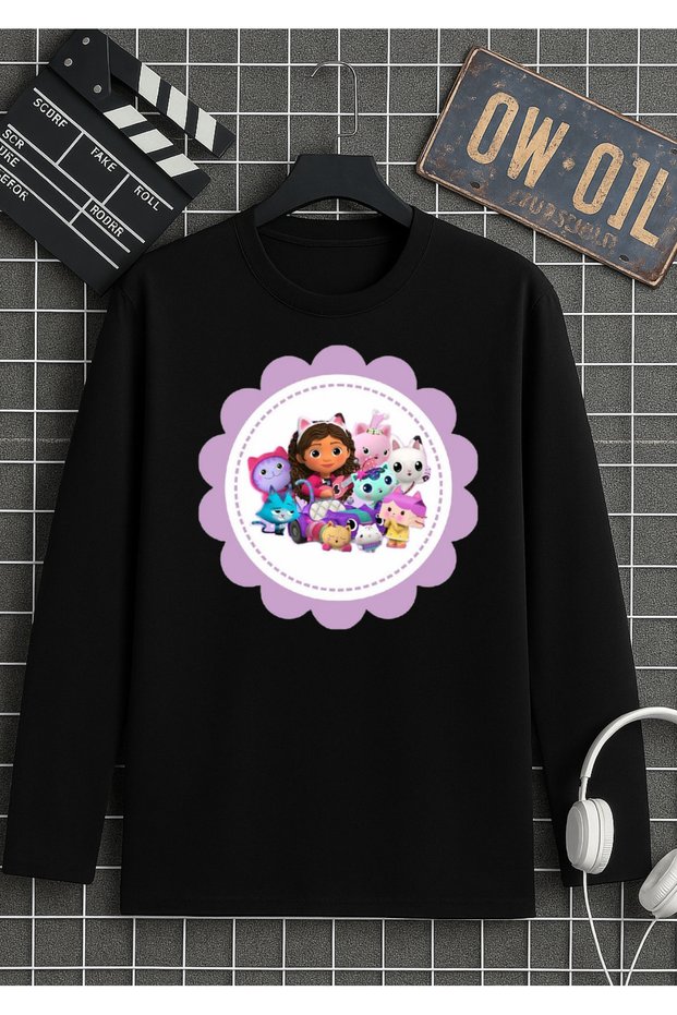 Gabby's Dollhouse Printed Black Long Sleeve Children's T-Shirt 100% Cotton Fabric Organic