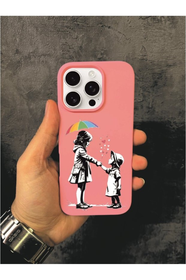 iPhone 14 Pro Compatible Black and White Kids Design Pink Case
