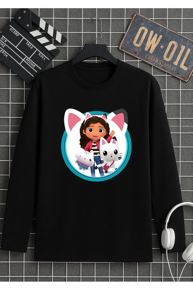 Gabby's Dollhouse Printed Black Long Sleeve Children's T-Shirt 100% Cotton Fabric Organic