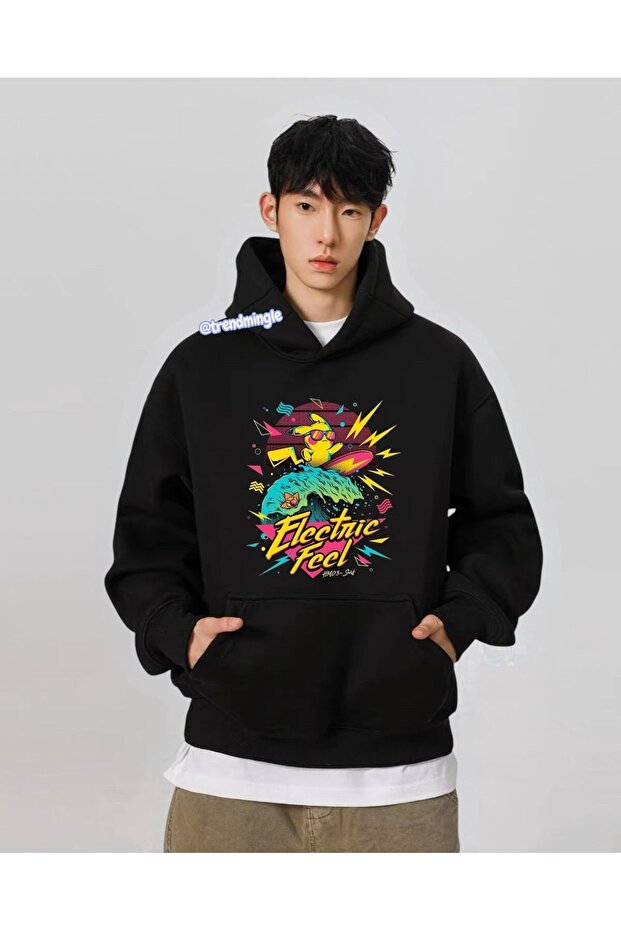 Black Pikachu Electric Feel Printed Oversized Hoodie Unisex Sweatshirt-Trendmingle