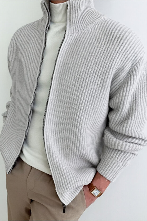 Men's Gray Mock Neck Zippered Slim Fit Knitwear Cardigan