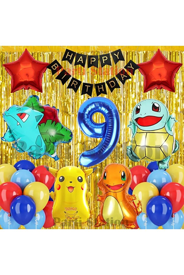 Pokemon Concept 9Th Birthday Curtain Balloon Set Pokemon Pikachu Bulbasaur Charmander Squirtle