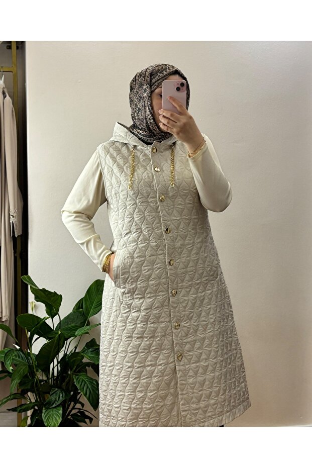 Bej Kapüşonlu Kapitone Yelek - 1