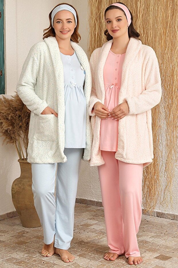 Bh 4214 Polka Dot Teddy Bear Maternity 3-Piece Pajama Set with Dressing Gown