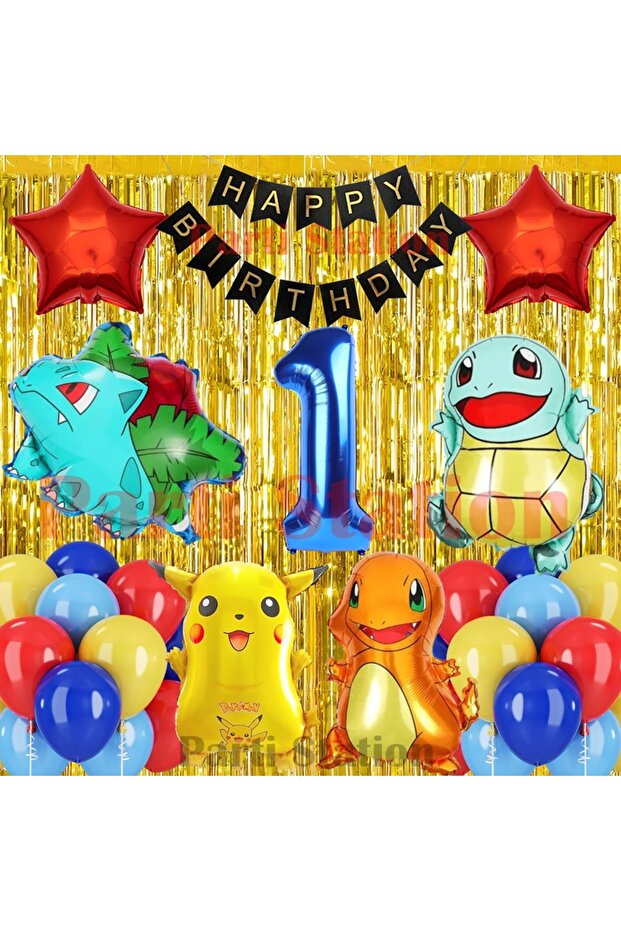 Pokemon Concept 1St Birthday Curtain Balloon Set Pokemon Pikachu Bulbasaur Charmander Squirtle